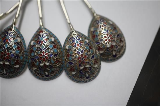 A set of six late 19th century Russian 84 zolotnik silver and cloisonne enamel spoons, 13.8cm.